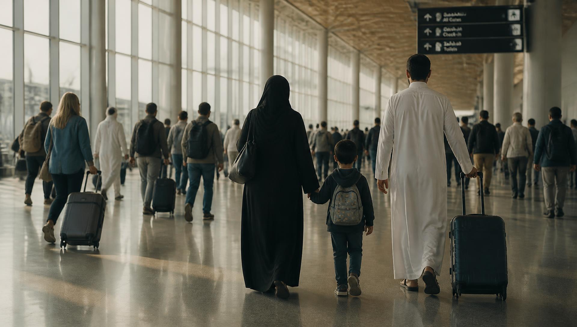 A family walking through an airport terminal with their luggage