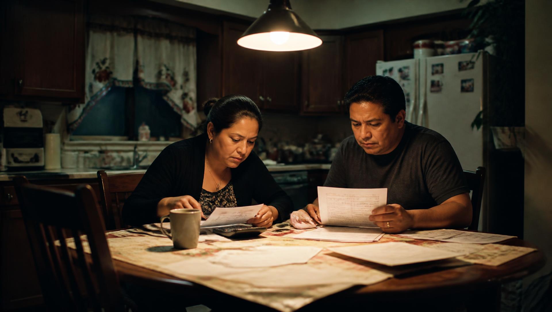 Two parents at a kitchen table in the evening going through paperwork