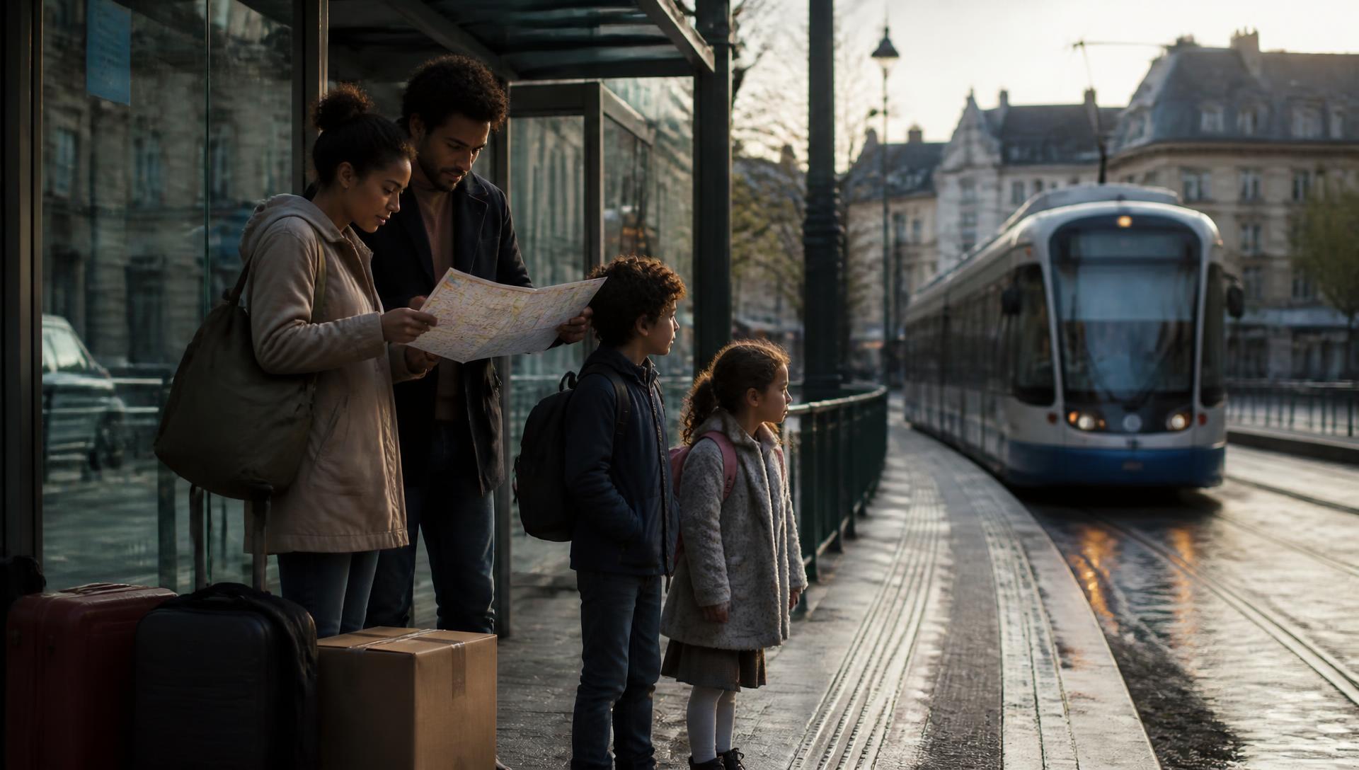 A family calmly finding their route at a city tram stop as they begin a new chapter
