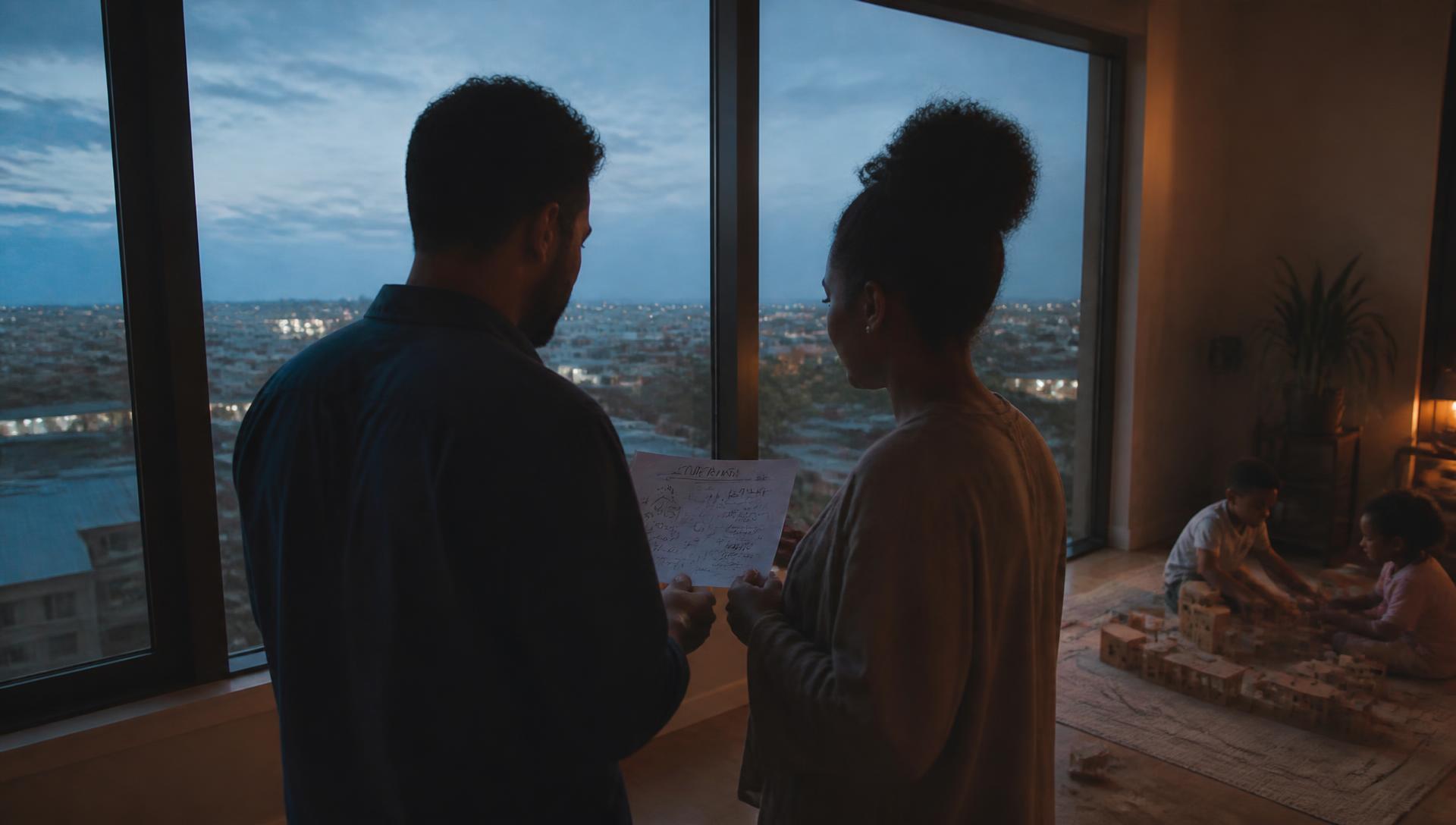 Two parents looking across their neighbourhood with one family plan while their children play behind them
