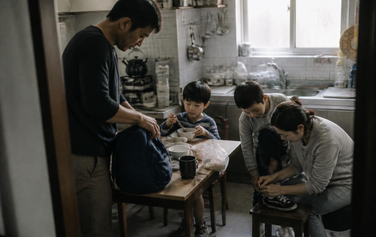 A family moving through an ordinary weekday morning in a small kitchen