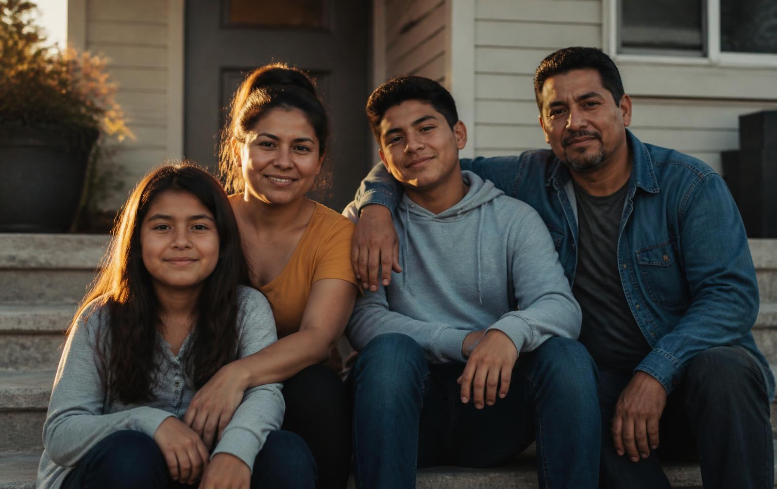 A family sitting together on the front steps of their new home at golden hour