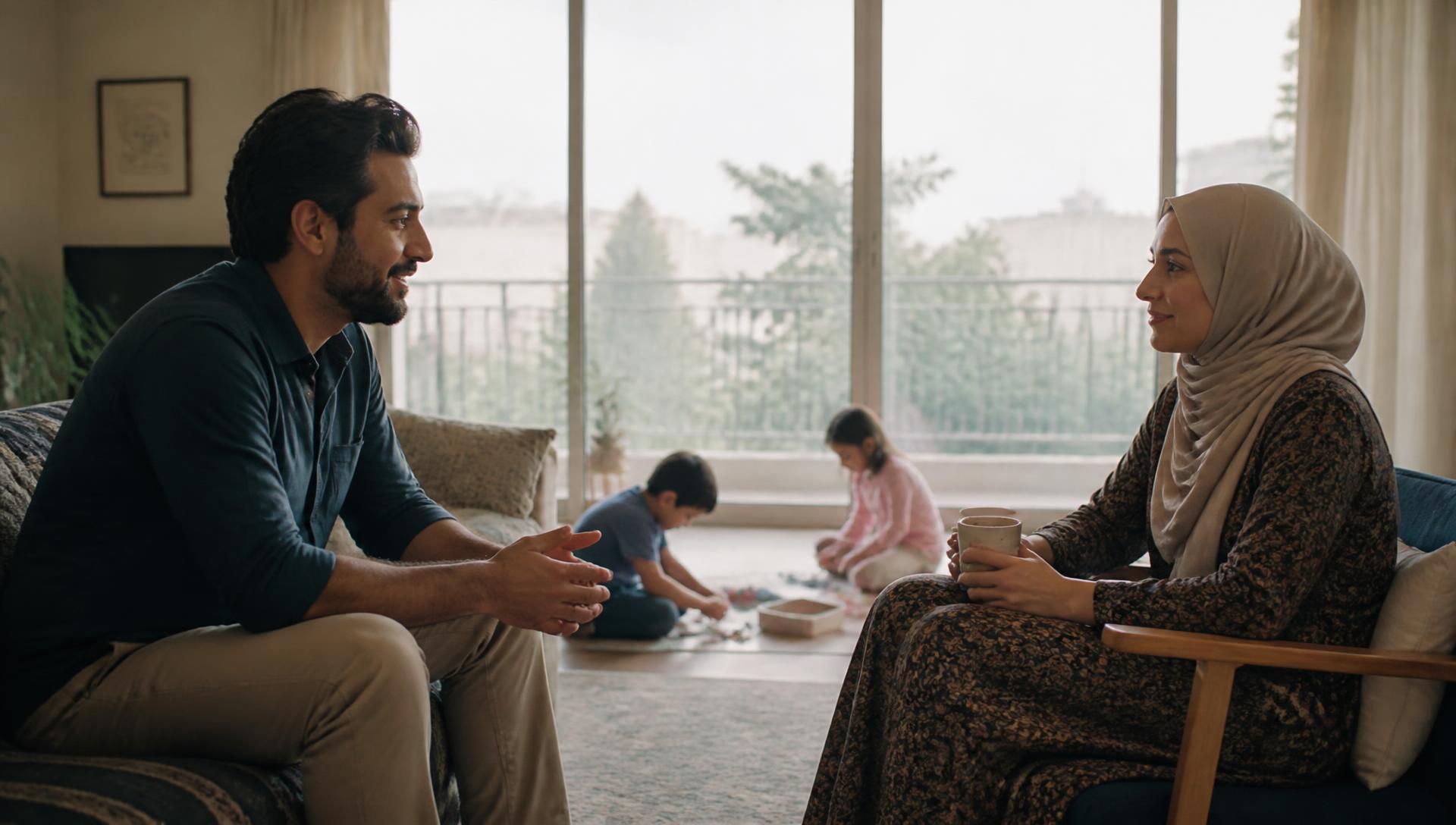 Two parents talking calmly by a window while their children play behind them