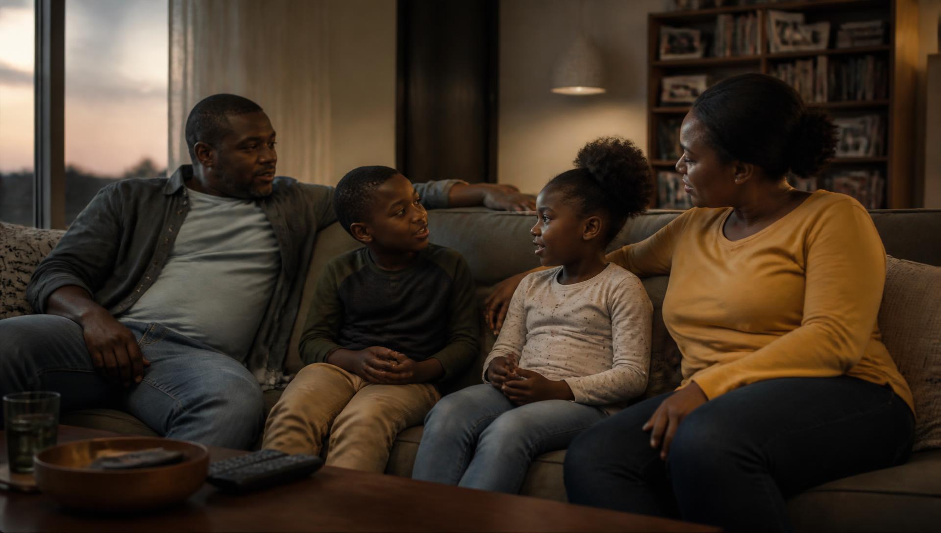 A family sitting together on a sofa at dusk, relaxed and unhurried