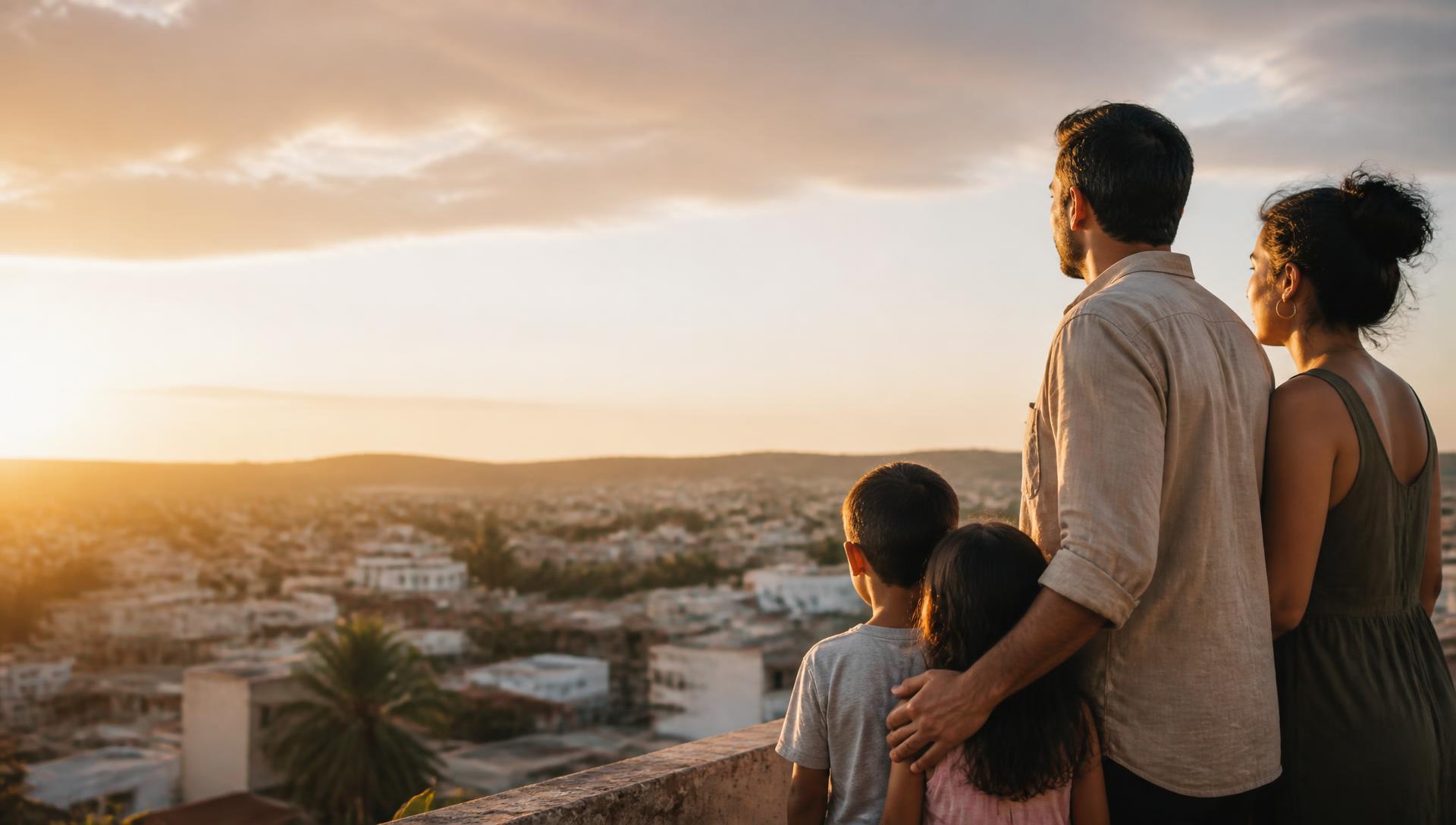 A family standing together on a rooftop at dusk, looking out over the city they are about to call home