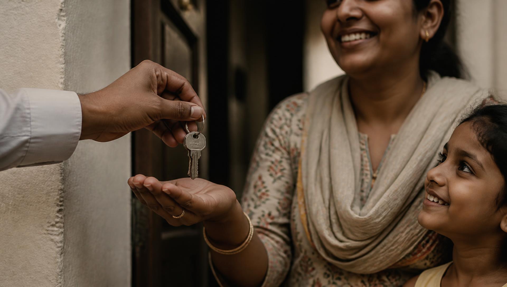 A mother receiving a set of house keys on a doorstep while her daughter smiles beside her