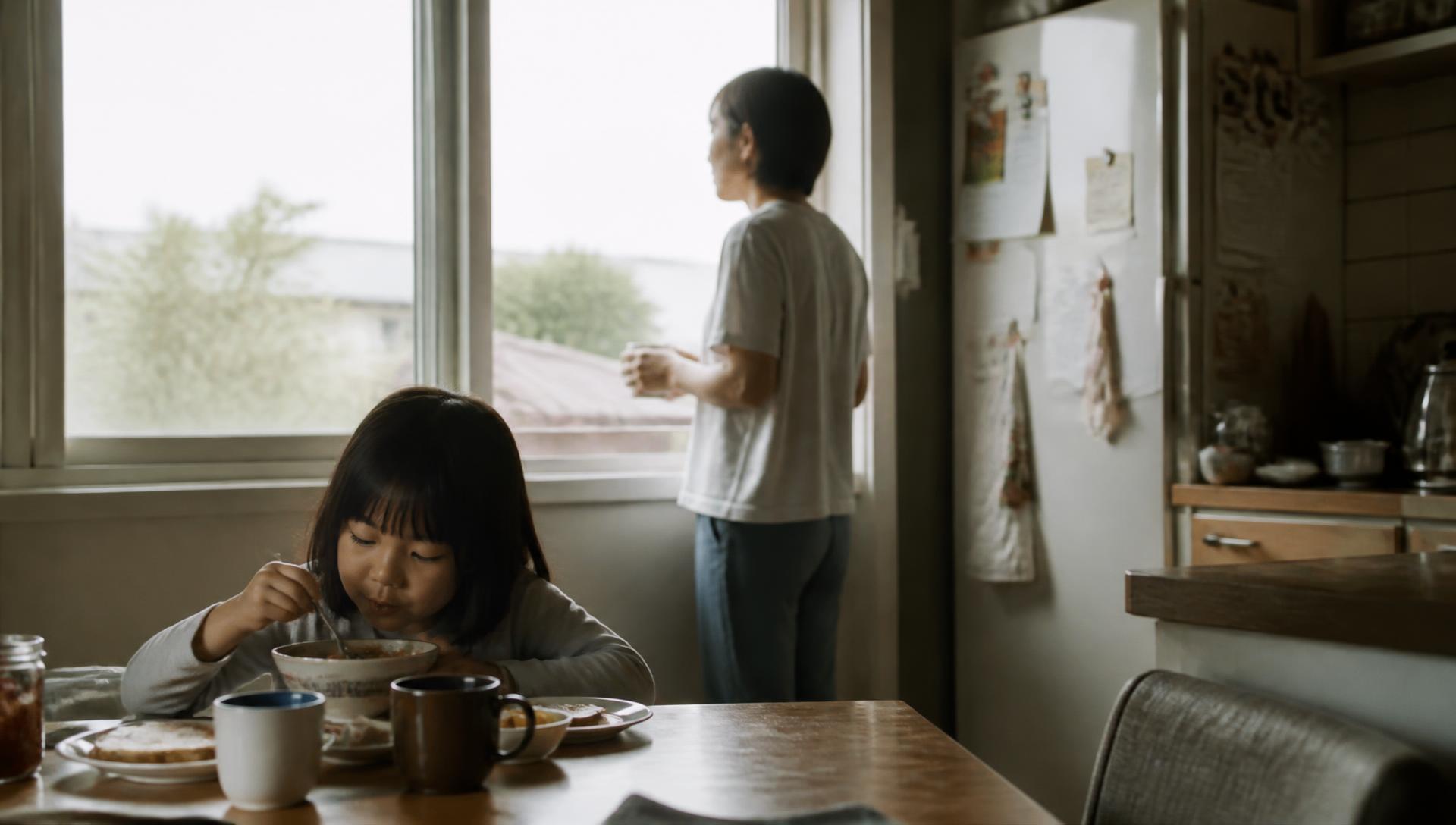 A parent standing by a kitchen window with a mug while their child eats breakfast