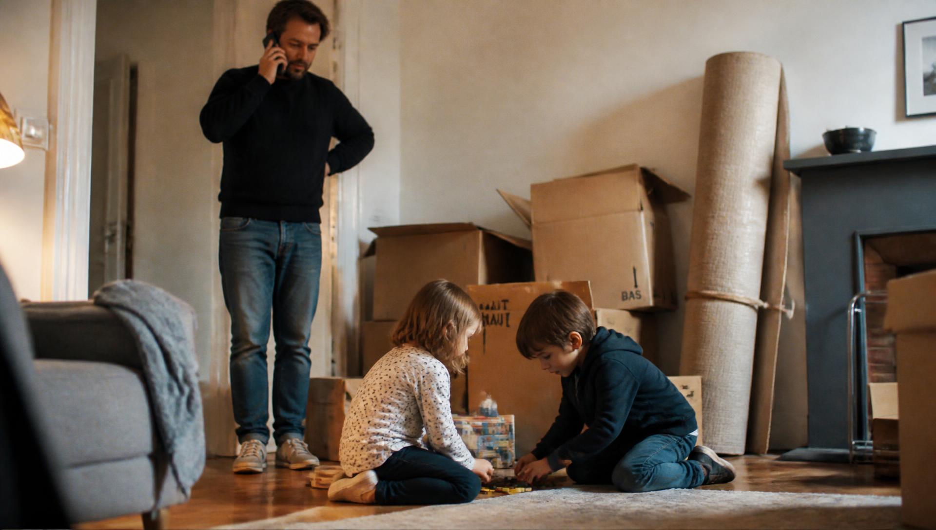 A family in a half-packed living room, one parent on the phone while two children play on the floor
