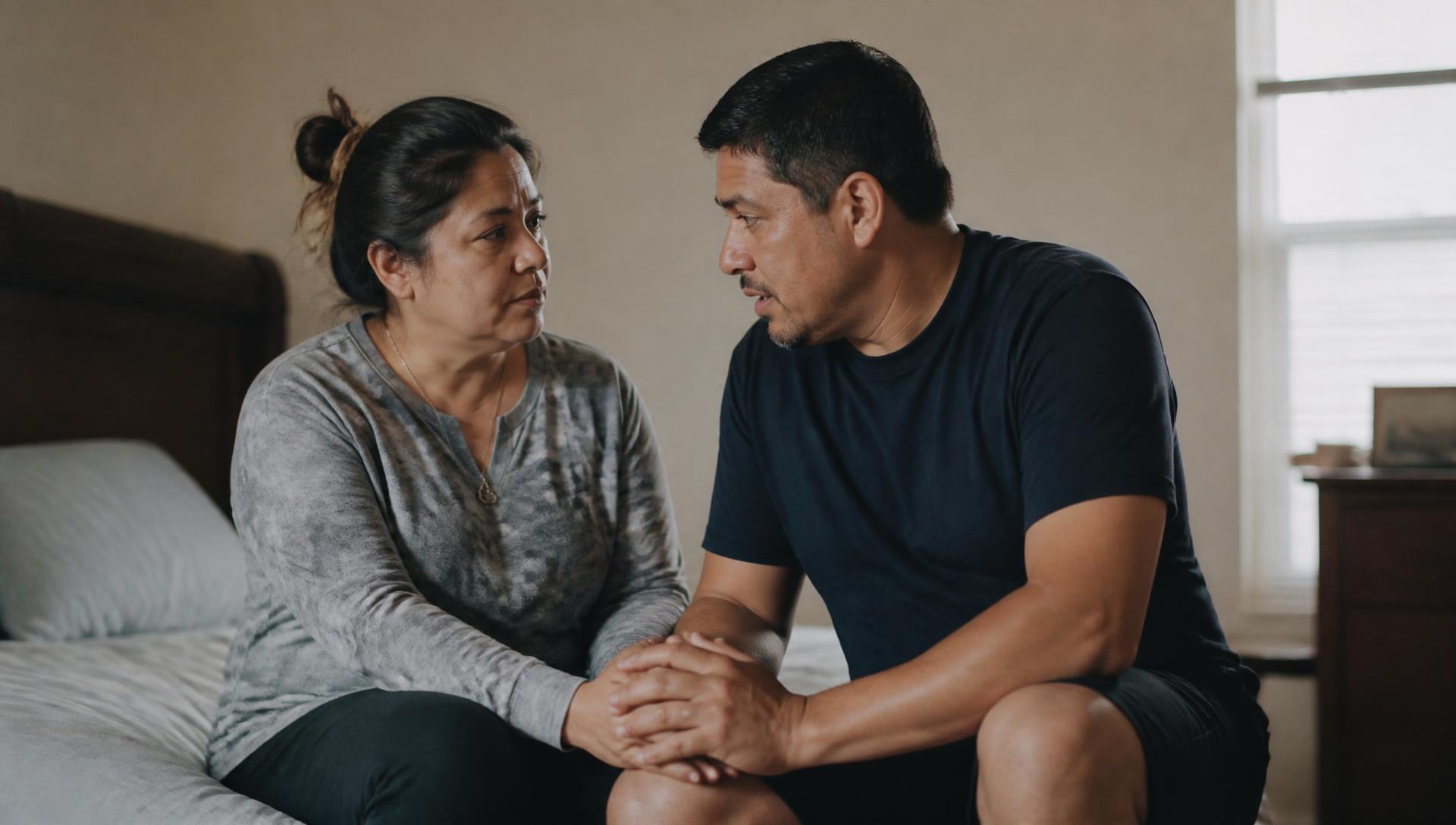 Two parents sitting close together in morning light, listening to each other