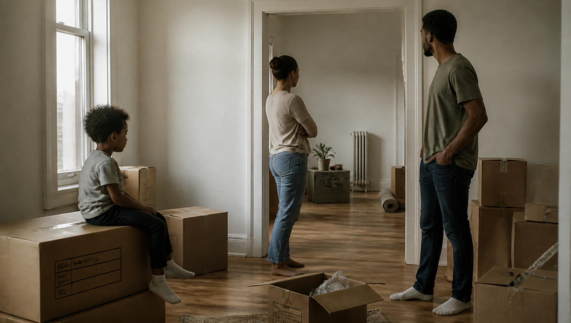 A family standing in an almost empty apartment on moving day
