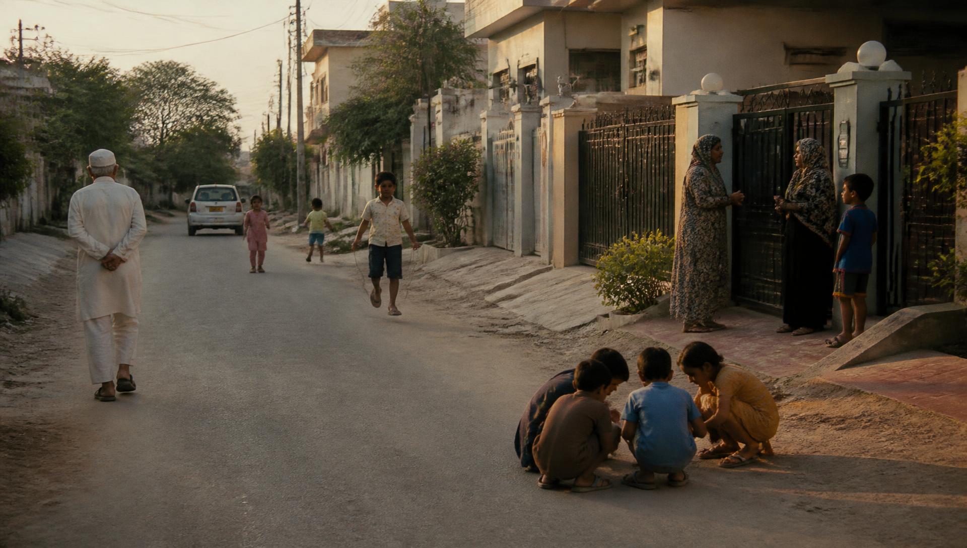 A quiet residential street at golden hour, with families outside their homes