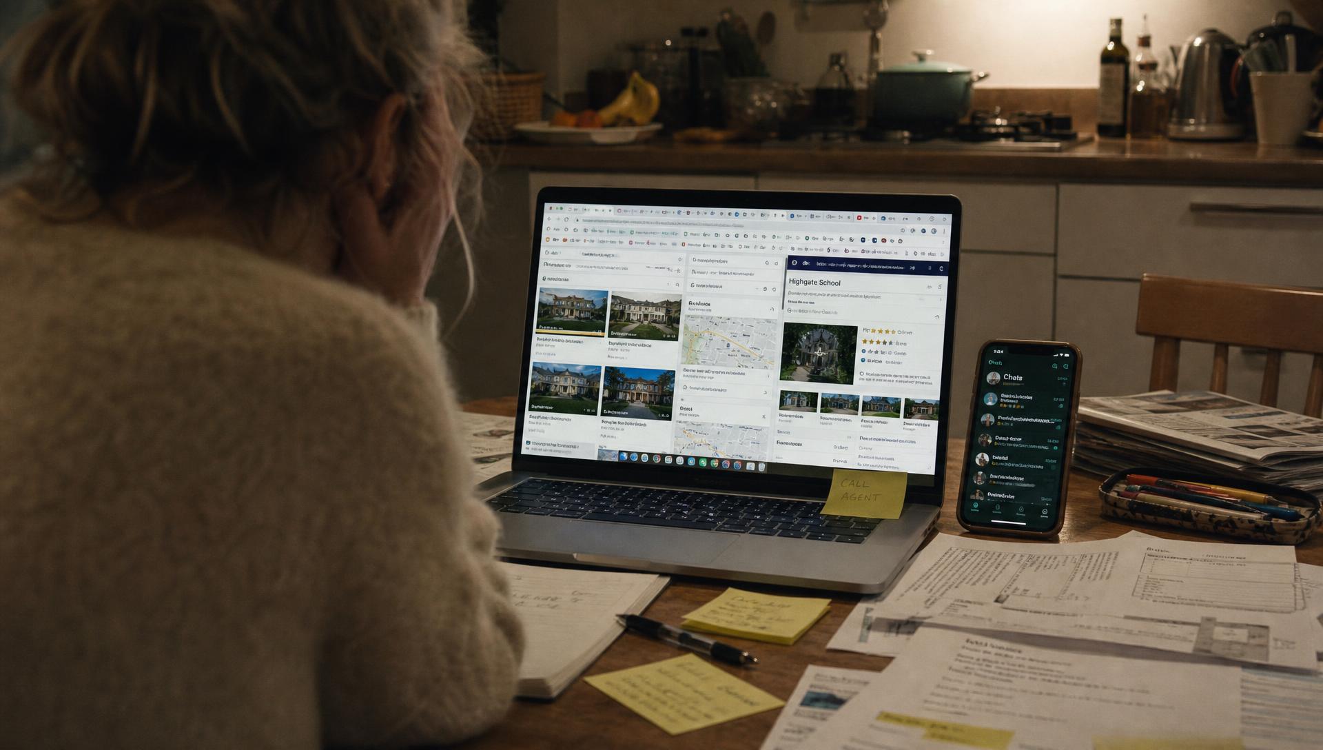 A parent at a kitchen table with a laptop full of open tabs for listings and school pages, a phone lit with notifications, papers and sticky notes everywhere