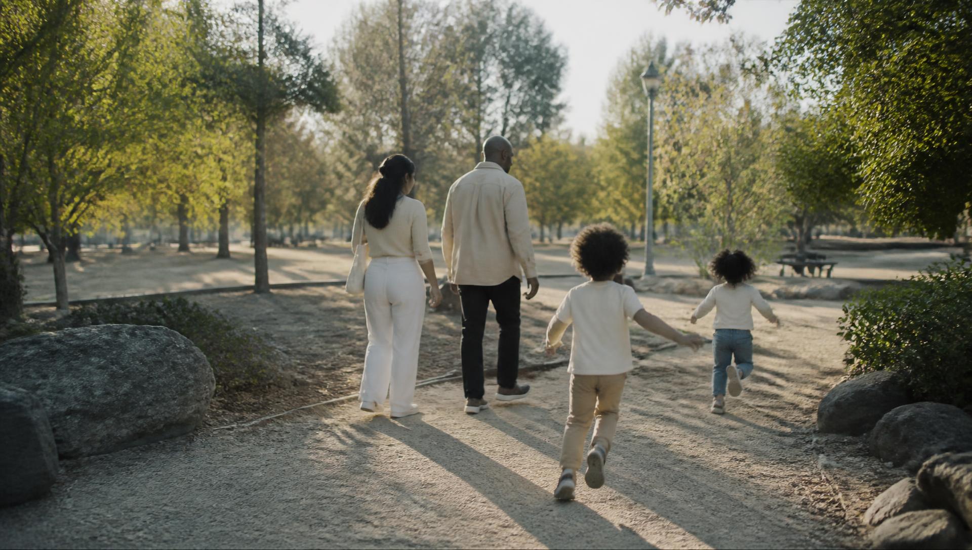 A family walking together through a sunlit park