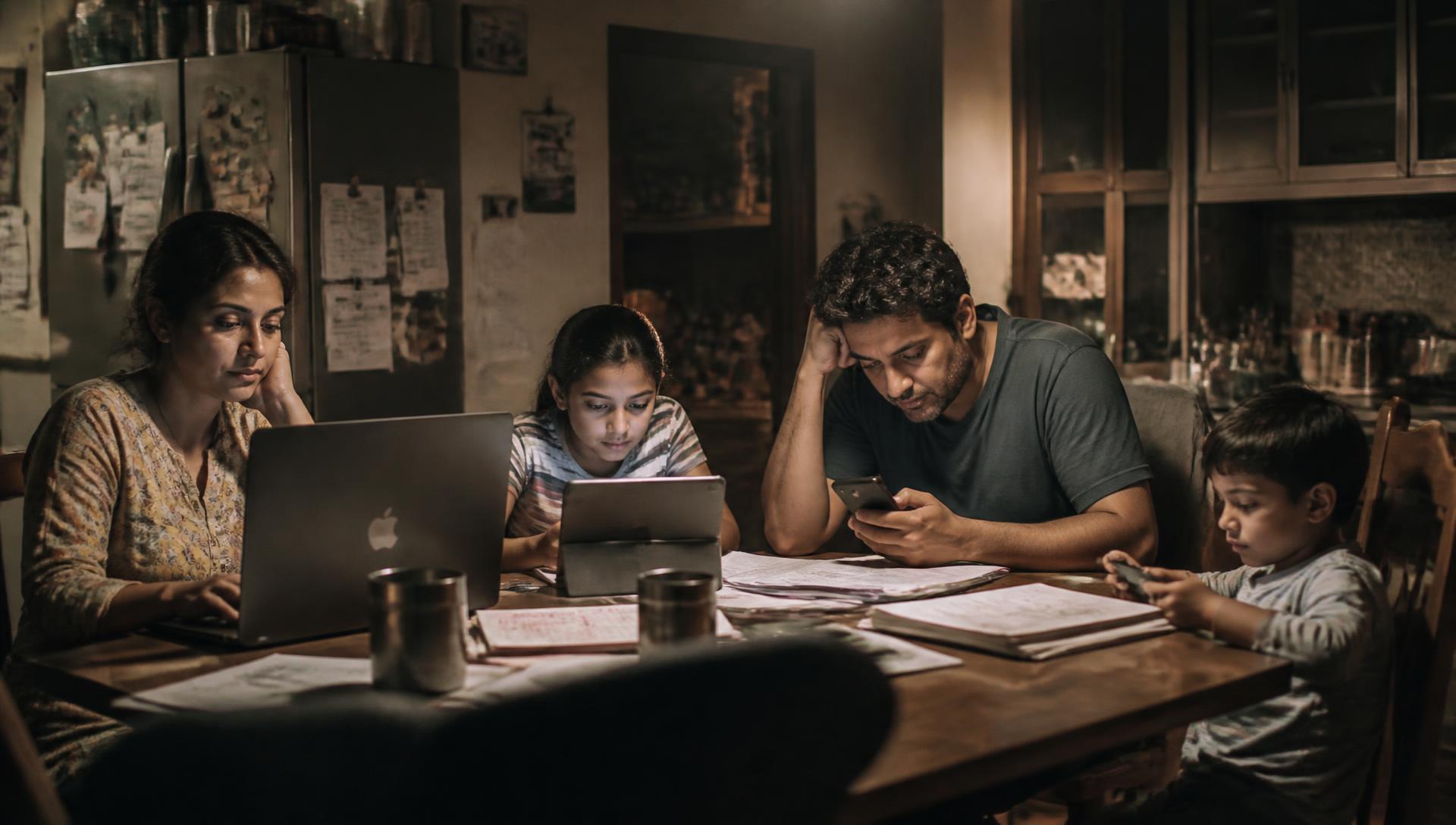A family around a kitchen table at night, each looking at a different screen