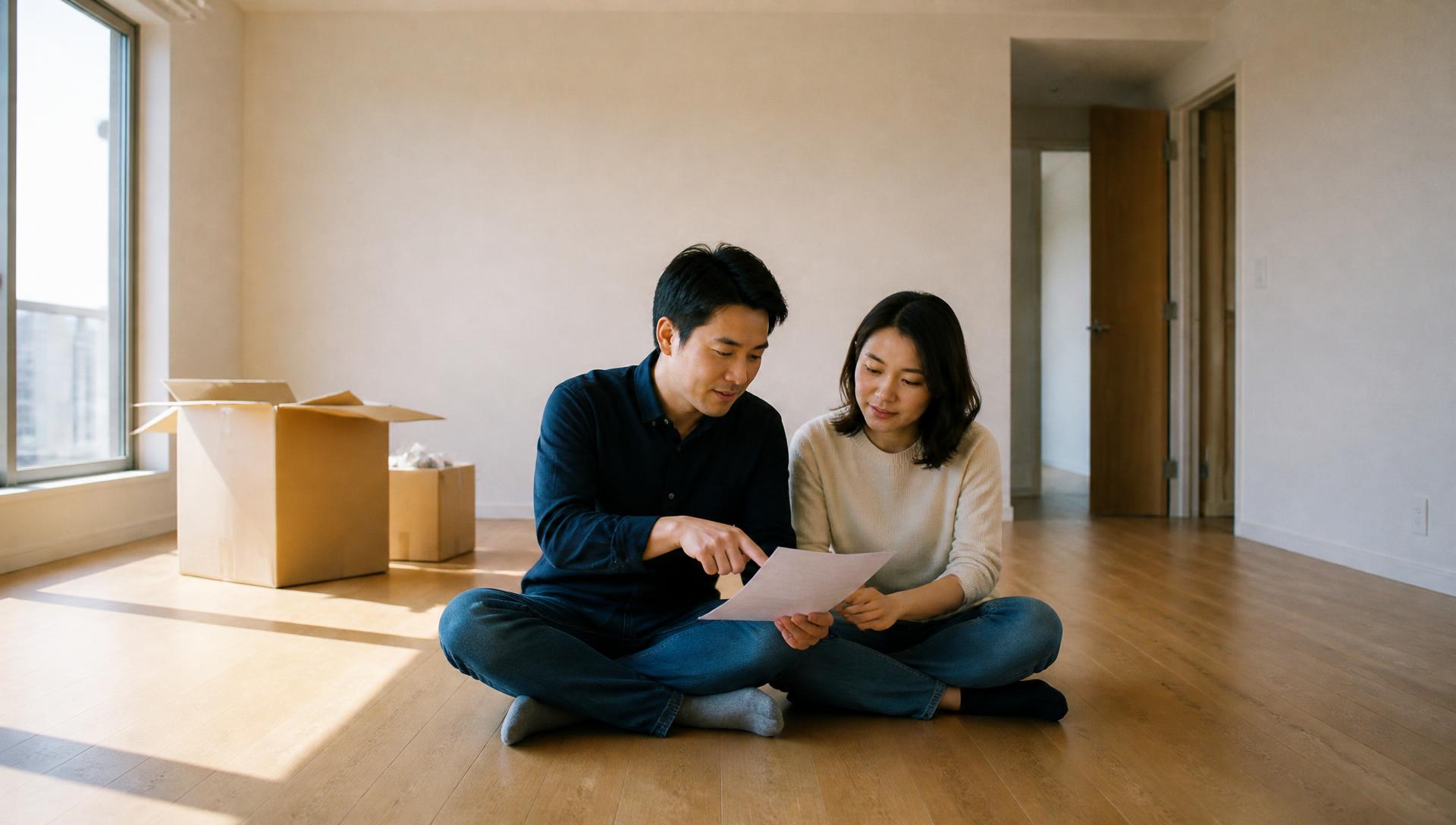 Two parents calmly reading one document together on the floor of their new home